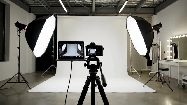 Professional photography studio setup with camera, lights, and backdrop for capturing high-quality product images from a straight-on viewpoint