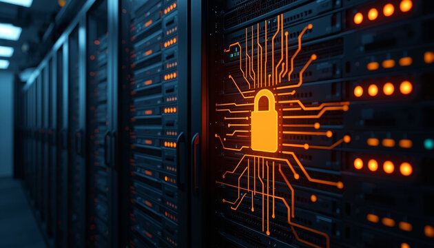 Secure server room with glowing orange circuit board and padlock symbol