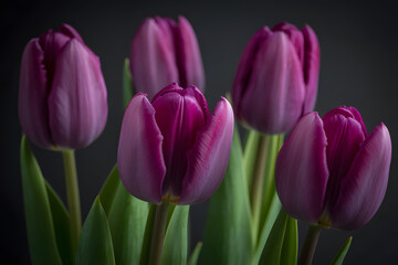 Obraz premium A Close-Up View of Five Vibrant Purple Tulips Against a Dark Background