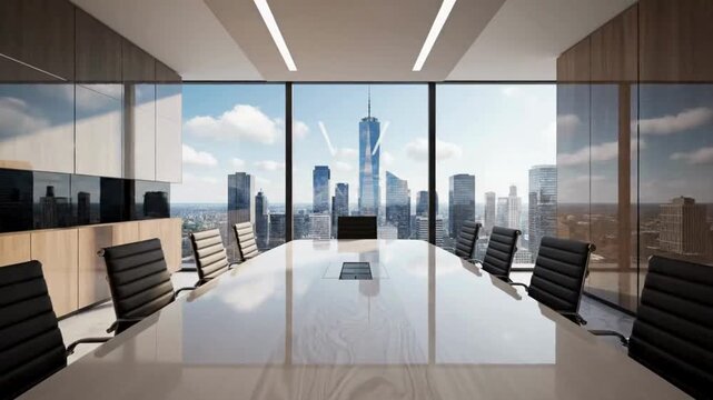 Modern corporate meeting room with sleek furniture and cityscape view through large windows, captured from a central viewpoint in 4.mp4
