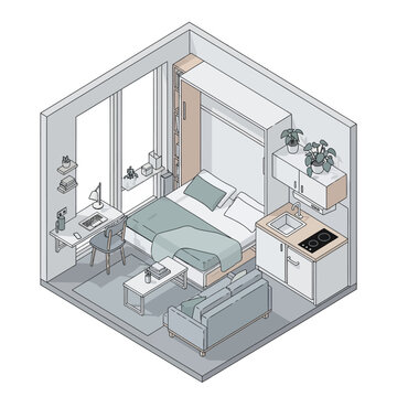 Modern Studio Apartment Interior Design with Bed and Kitchenette.