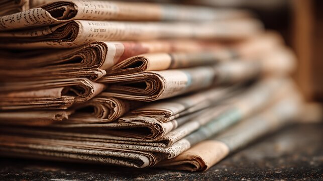 Awesome photo of stack of old vintage newspapers on a dark background.