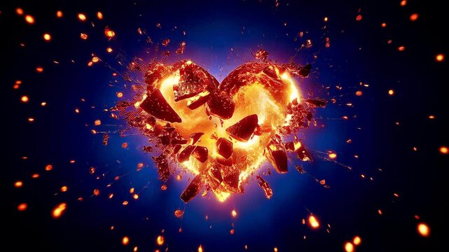Fiery glowing heart shattering into bright embers against a dark background