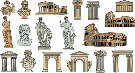 Obraz premium Ancient Roman architecture and sculpture element set with statues, columns, arches and Colosseum, classical vintage flat vector illustration for history and education design