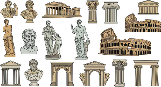 Ancient Roman architecture and sculpture element set with statues, columns, arches and Colosseum, classical vintage flat vector illustration for history and education design