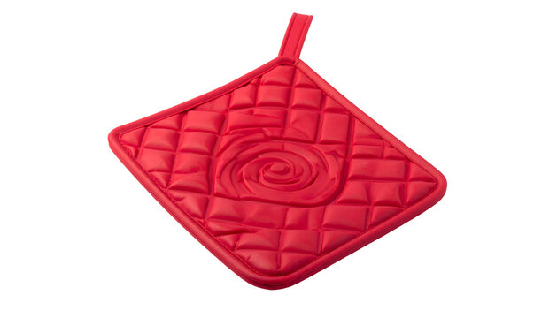 A vibrant, quilted, square cooking pad in bright red, featuring a decorative spiral design in the center, suitable for kitchen use