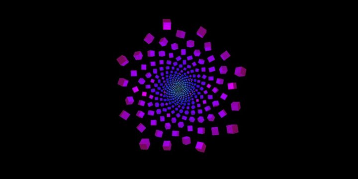 A vibrant fibonacci spiral pattern with glowing purple dots radiating from the center, creating a mesmerizing visual effect.
