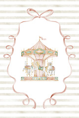 Carousel poster watercolor illustration with amusement park ride and decorative Ribbon frame. Art with merry go round for nursery wall art, children room decor, prints and baby shower invitations. © Alisles