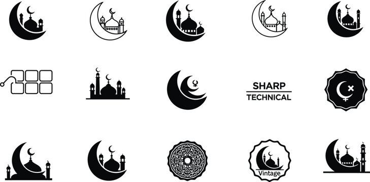 Set of 15 black and white icons featuring Islamic mosques and crescent moons for religious and cultural themes