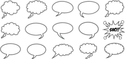 Outline speech and thought bubble icons with dotted borders and comic explosion shapes for conversation