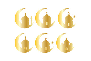  islamic  mosque silhouette with crescent moon, elegant minimal illustration symbolizing muslim faith, ramadan, eid celebration, spirituality and traditional islamic architecture ...