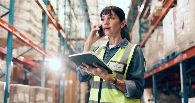 Supply chain, woman and tablet in factory with phone call for shipping discussion, logistics and advice. Flare, mature person and conversation in warehouse with tech for contact, dispatch and export.