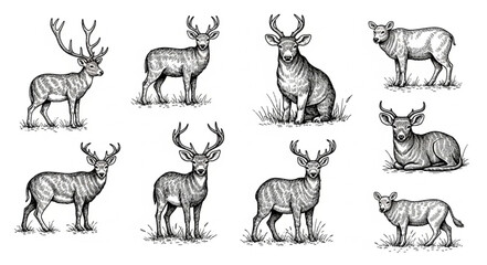 Fototapeta premium Collection of Hand Drawn Deer Illustrations in Various Poses.