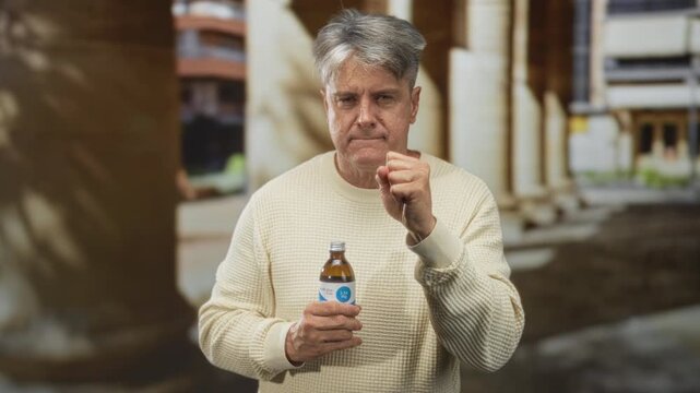 Middle aged man holding medicine bottle and clenching fist near chest in front of building colonnade; health concern.