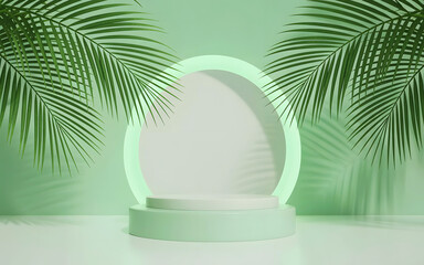 Obraz premium Tropical Green Podium Background with Palm Leaves Minimal Product Display Scene.