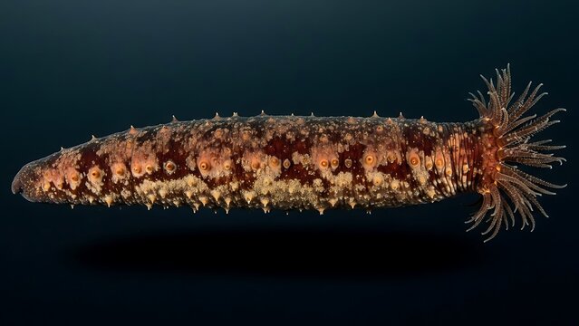 Detailed view of a sea cucumber with textured skin and feeding tentacles in a dark underwater environment.