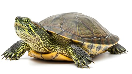 Obraz premium A detailed studio shot of a single green and yellow striped turtle with its head extended, isolated on a clean white background.