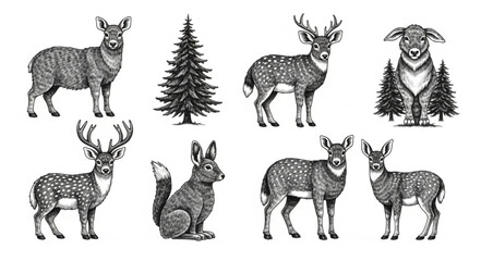 Fototapeta premium Collection of Hand Drawn Forest Animals and Trees.