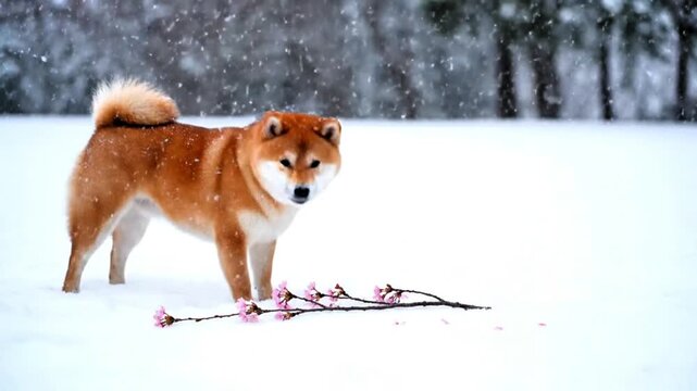 Video, a Shiba Inu dog bites a cherry blossom branch, snowy background, pet, Japan, 