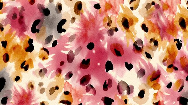Vibrant pink and orange leopard print with black spots on white background