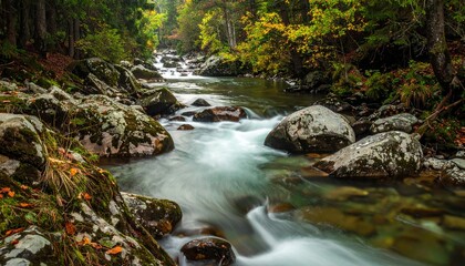 Fototapeta premium Clear mountain river flowing over rocks in lush green forest with sunlight reflection