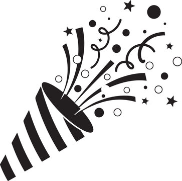 Black Silhouette of a Party Popper Exploding with Confetti and Streamers