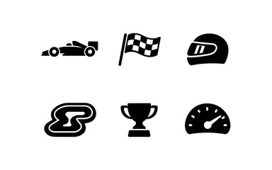 Obraz na płótnie Canvas Set of racing icons including car, checkered flag, helmet, track, trophy, and speedometer