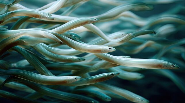 Multiple long slender eels swimming in a group through deep turquoise water in an underwater marine environment