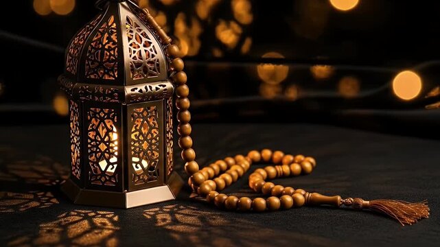 A beautifully crafted, intricately designed metal lantern casts warm, flickering light and decorative shadows on a dark surface. Beside it rests a string of traditional wooden prayer beads, featuring 