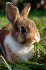Obraz premium Cute brown and white rabbit eating fresh green grass in a sunny garden