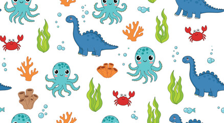Obraz premium Seamless underwater dinosaur and sea life vector pattern with cute blue brachiosaurus octopus and crab for children’s swimwear or nautical nursery decor