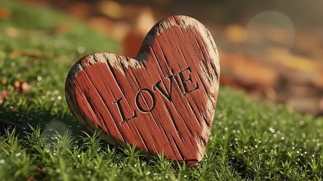 A beautifully crafted rustic wooden heart, engraved with the word "LOVE," stands gently amidst vibrant green grass sparkling with morning dew. Warm, soft sunlight illuminates the scene, highlighting t
