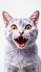 Obraz premium Lilac British cat with mouth agape, eyes wide in shock against a stark white background, lilac cat, surprised