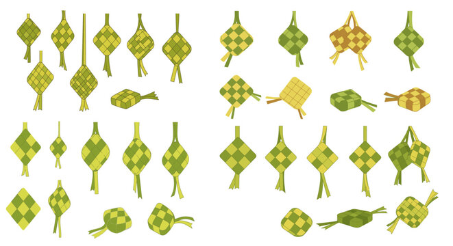 Collection of green and yellow ketupat ornaments in various shapes and patterns.