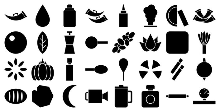 Kitchenware and cooking icons set in a solid black minimalist glyph style for food apps