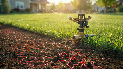 Lawn Watering, Sprinkler, Grass Seeds Planting, Garden Care, Background Wallpaper