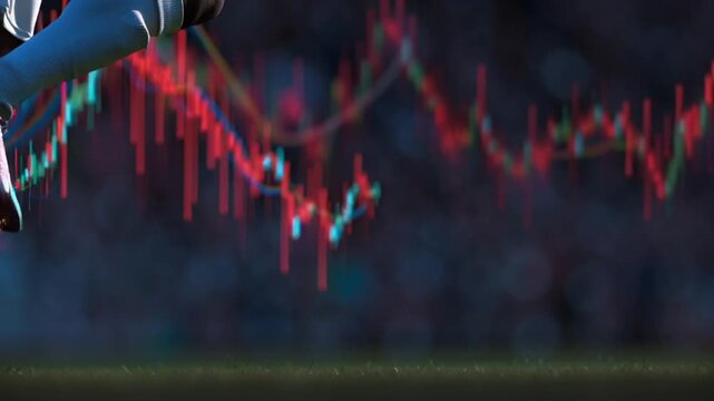 Soccer player's leg kicking ball with dynamic stock market graph background