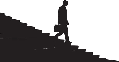 Businessman holding briefcase walking down stairs silhouette vector illustration line art