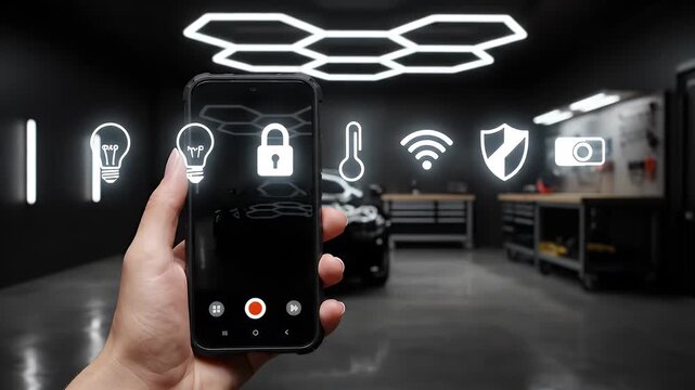 Smart home technology controlled by smartphone in modern garage.
