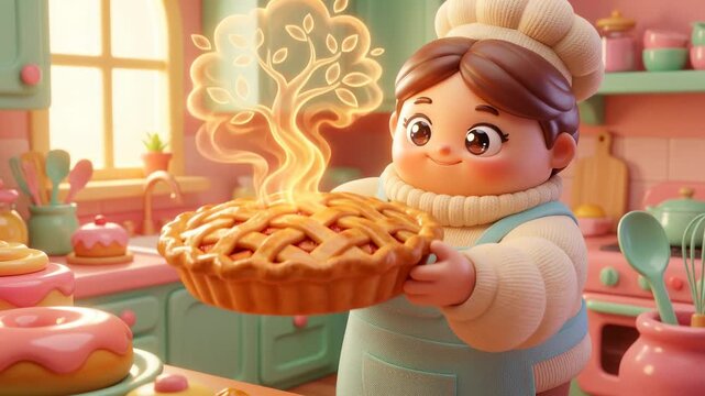 A character bakes a pie in a lively kitchen. The character shows happiness while holding the warm pie. Steam rises, indicating freshness. Colorful kitchenware adds to the setting