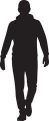 Man walking forward towards camera wearing hoodie and pants silhouette vector illustration