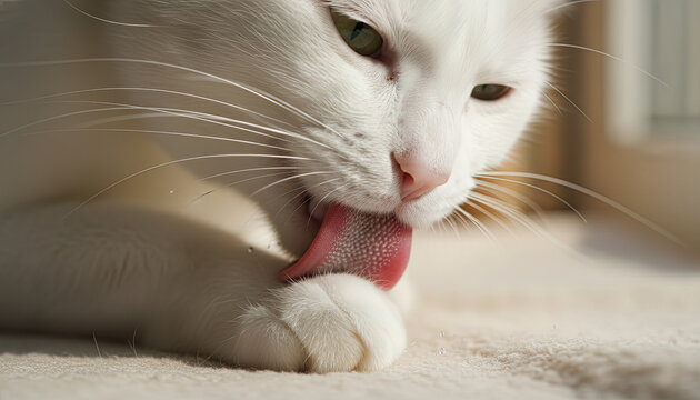 White cat grooming itself with tongue in soft sunlight  