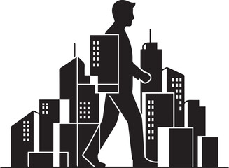 Silhouette of person walking through modern city skyline vector illustration concept