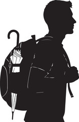 Young traveler silhouette with backpack and umbrella ready for journey illustration