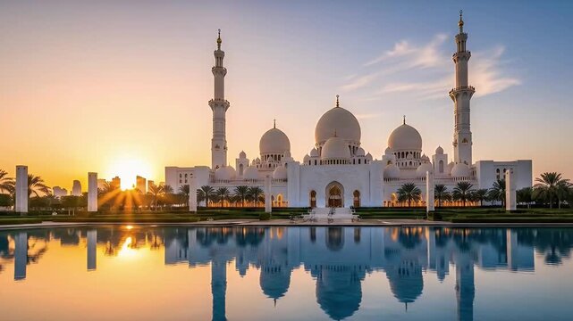A breathtaking wide shot captures a magnificent, gleaming white religious landmark at sunset. Grand domes and towering minarets stand majestically, perfectly reflected in the serene, still waters of a