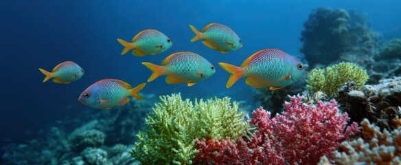 Fototapeta premium Vibrant fish gliding through bright coral reef formations beneath the waves