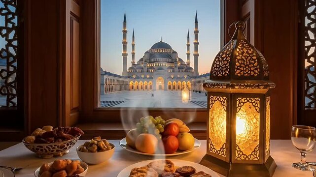 A captivating indoor scene showcases a beautifully arranged table laden with a diverse array of delectable foods, including fresh fruits, sweet pastries, and steaming dishes, illuminated by the warm g