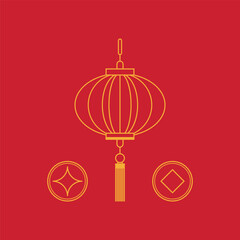 chinese lunar new year lantern with gold coin on red background