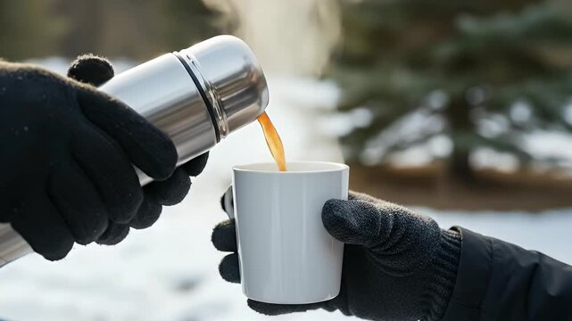 A close-up shot beautifully captures gloved hands pouring a steaming hot beverage from a sleek silver thermos into a plain white mug, creating a comforting swirl of steam against a serene, snowy winte