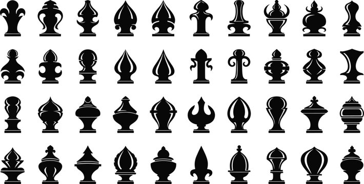 Collection of black and white ornamental finial in finial black and white decorative architectural detail